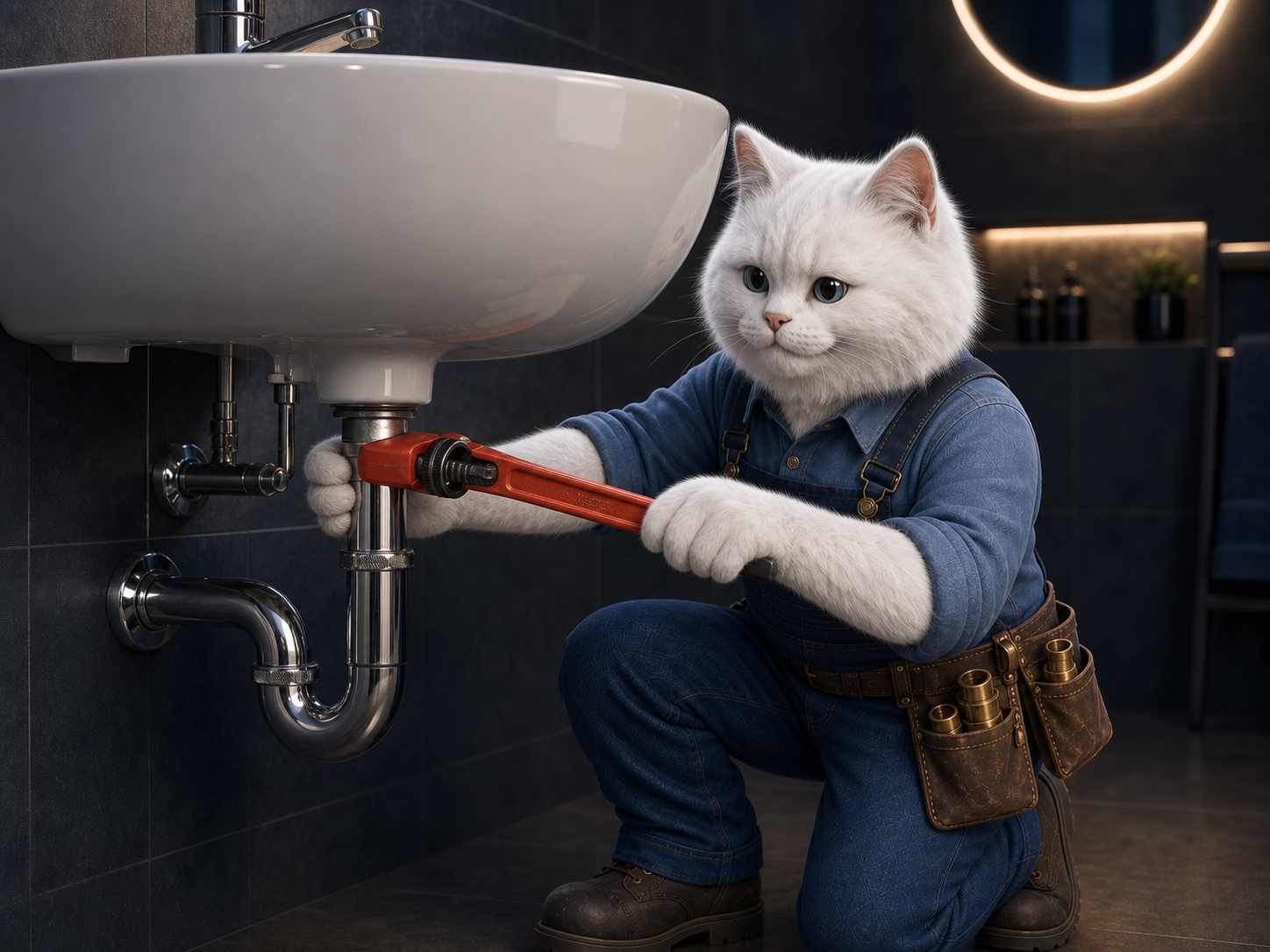 Белый пушистый кот-сантехник откручивает соединение трубы в ванной